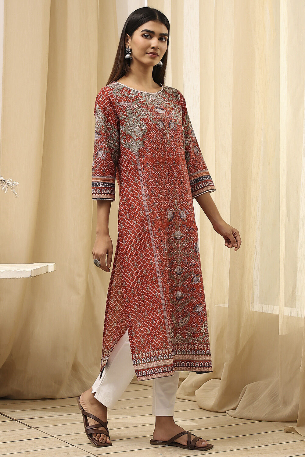 Green Cotton Printed Straight Kurta image number 3