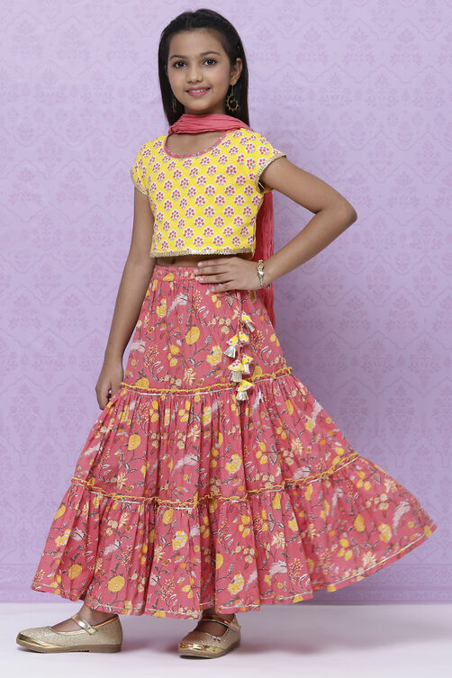 Yellow And Pink Cotton Girls Lehenga Set image number 0