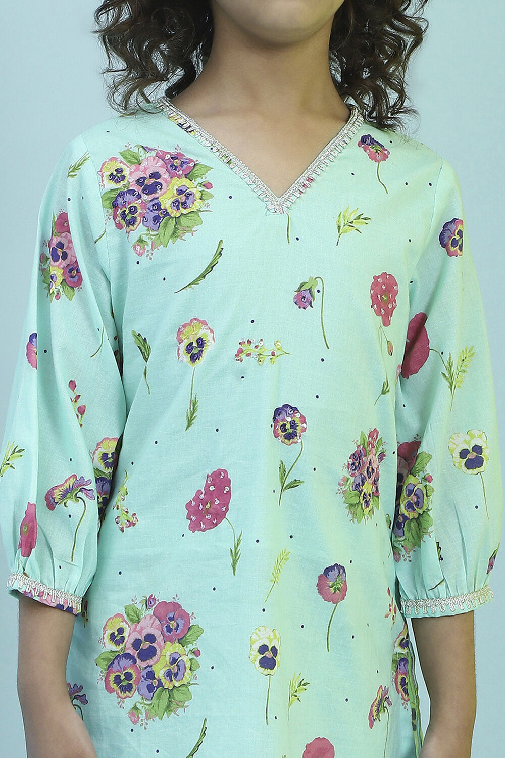 Turquoise Cotton Floral Straight Kurta Pants Set image number 1