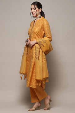 Yellow Cotton Blend Unstitched Suit set image number 5