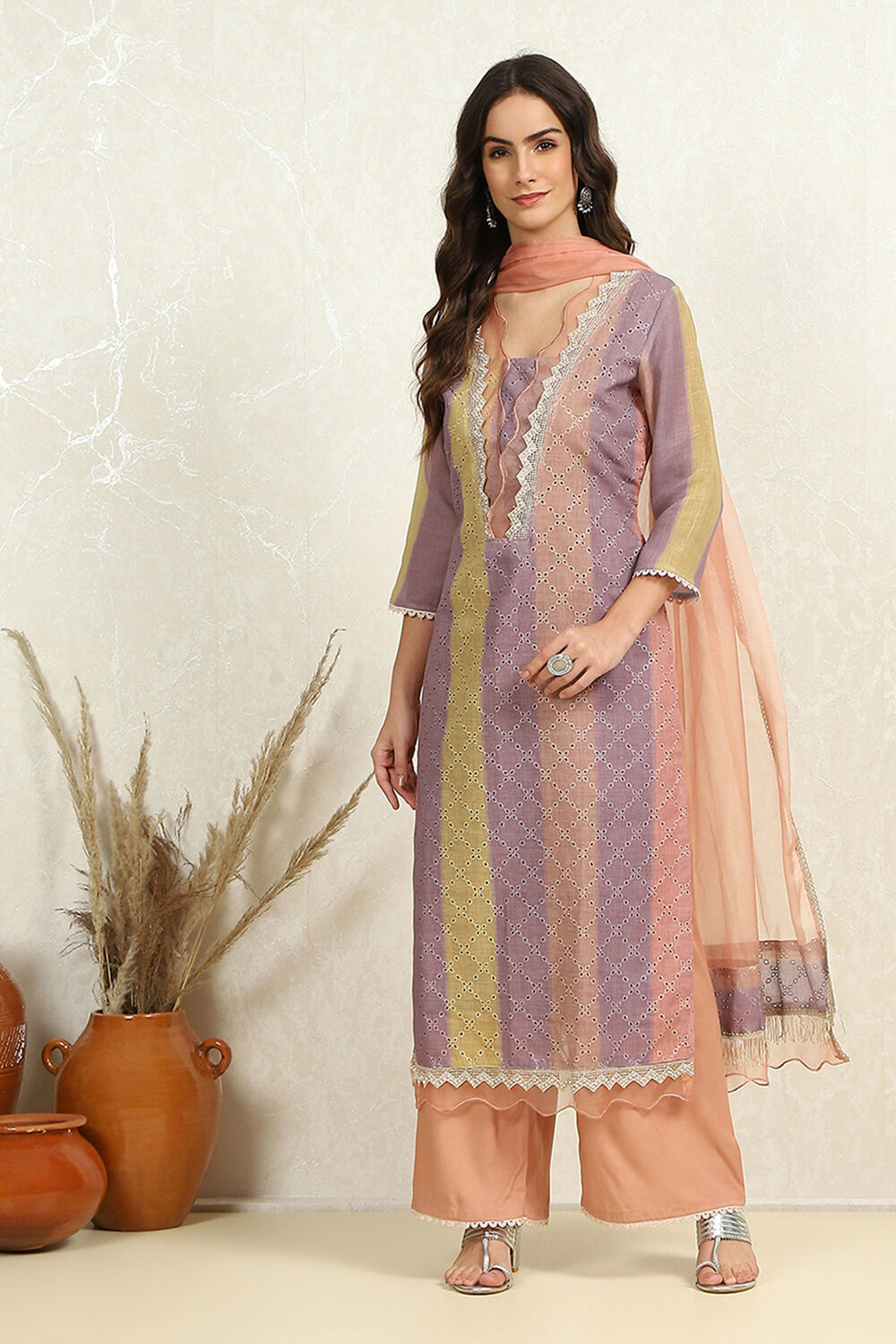 Green Cotton Blend Schiffli Unstitched Suit Set image number 5