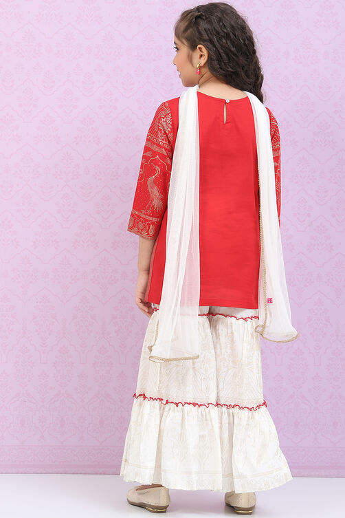 White & Red Cotton Straight Kurta Sharara Suit Set image number 4