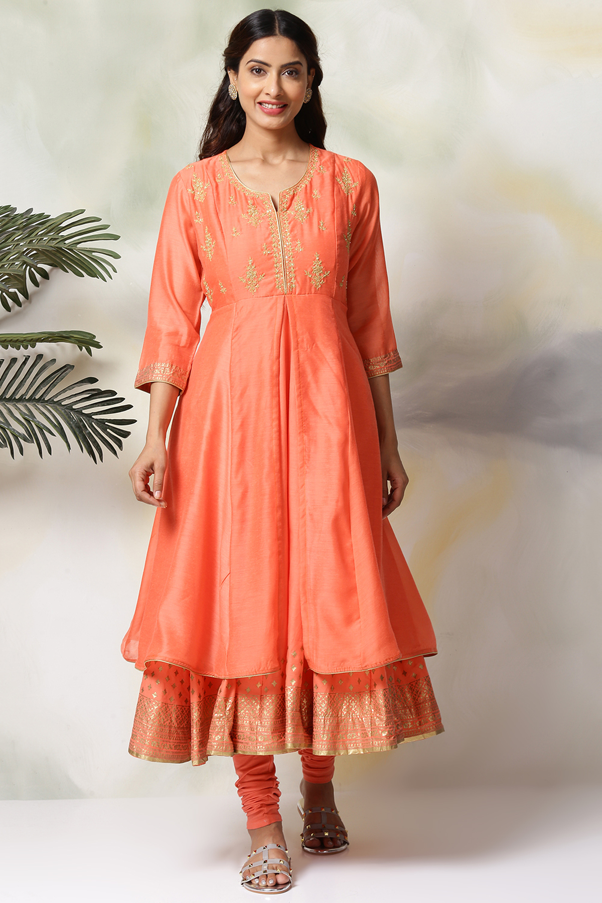 Coral Cotton Blend Anarkali Kurta Churidar Suit Set