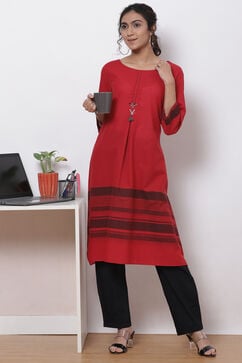 Red Cotton A Line Kurta image number 5