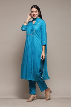 Turquoise LIVA Gathered Yarndyed Kurta Afgan Pant Suit Set image number 4