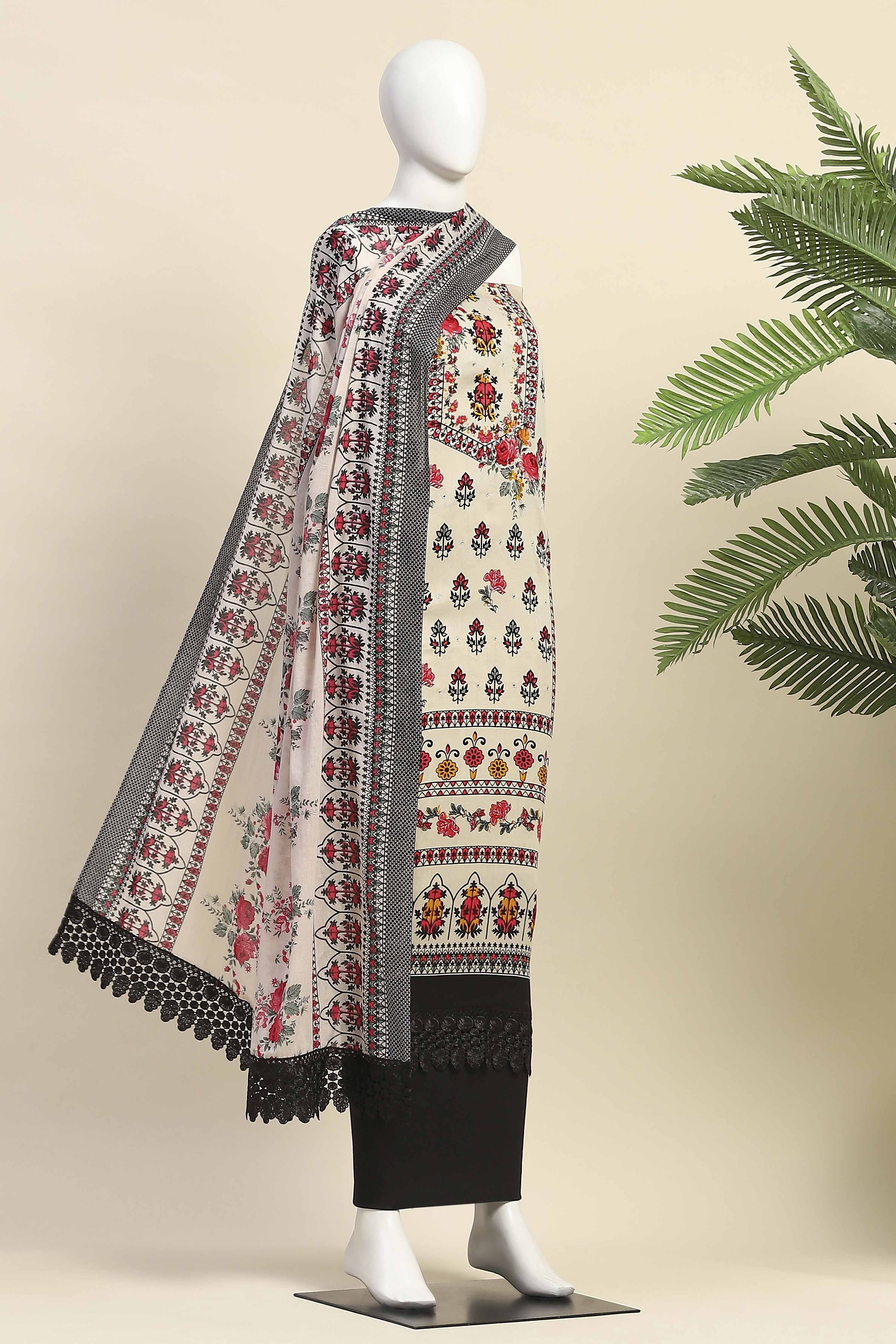 Off White Cotton Unstitched Suit Set image number 4