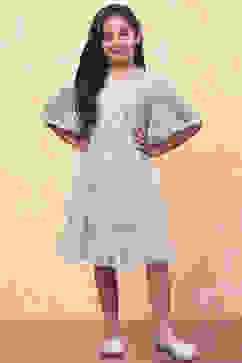 Mint Green Dobby Net Embellished Tiered Flared Dress image number 0