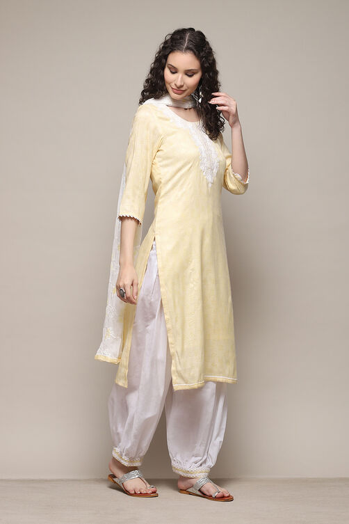 Yellow Cotton Blend Machine Embroidered Unstitched Suit Set image number 6