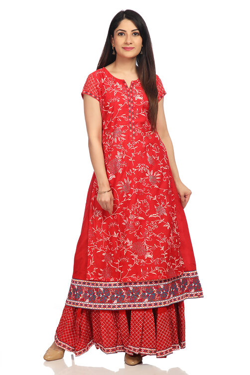 Red Poly Cotton A-Line Printed Kurta image number 0