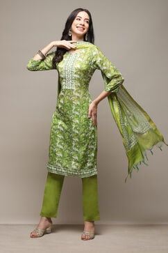 Green Silk Blend Printed Unstitched Suit Set image number 1