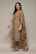 Coffee Brown Cotton Machine Embroidered Unstitched Suit Set image number 6