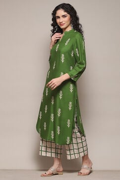 Green Rayon flax Straight Kurta Palazzo Suit Set image number 3