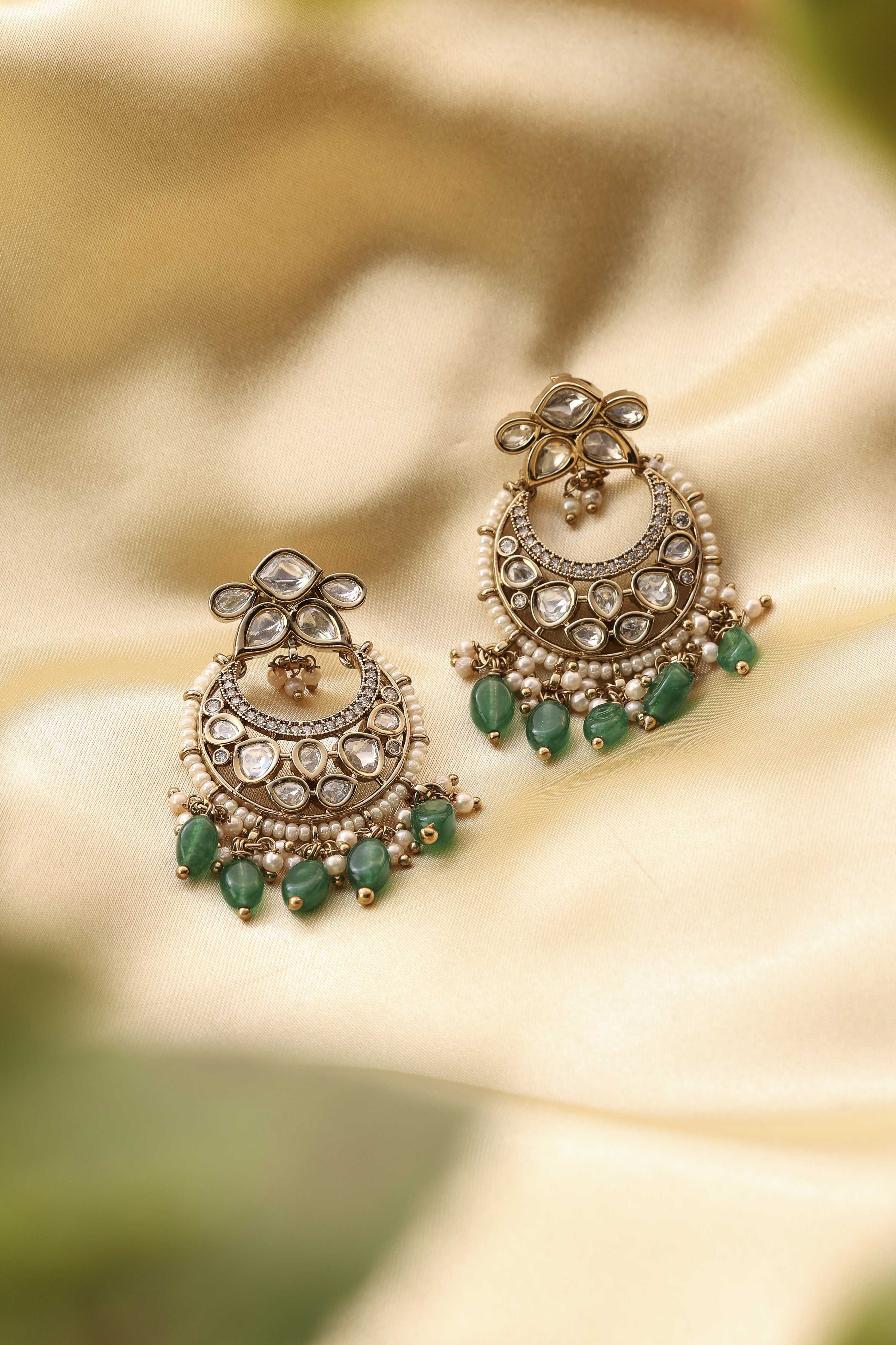 Green Gold-Plated Brass Studded Chaandbali image number 0
