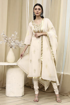 Off White Poly Chanderi Fitted Suit Set image number 6