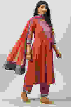 Coral Cotton Kalidar Kurta Narrow Palazzo Suit Set image number 7