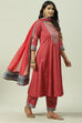 Coral Cotton Kalidar Kurta Narrow Palazzo Suit Set image number 7