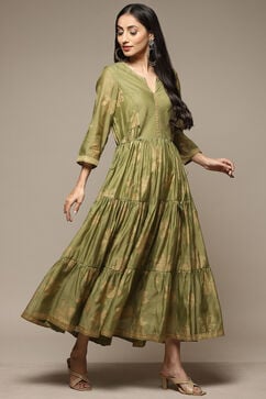 Green Cotton Blend Tiered Printed Dress image number 0
