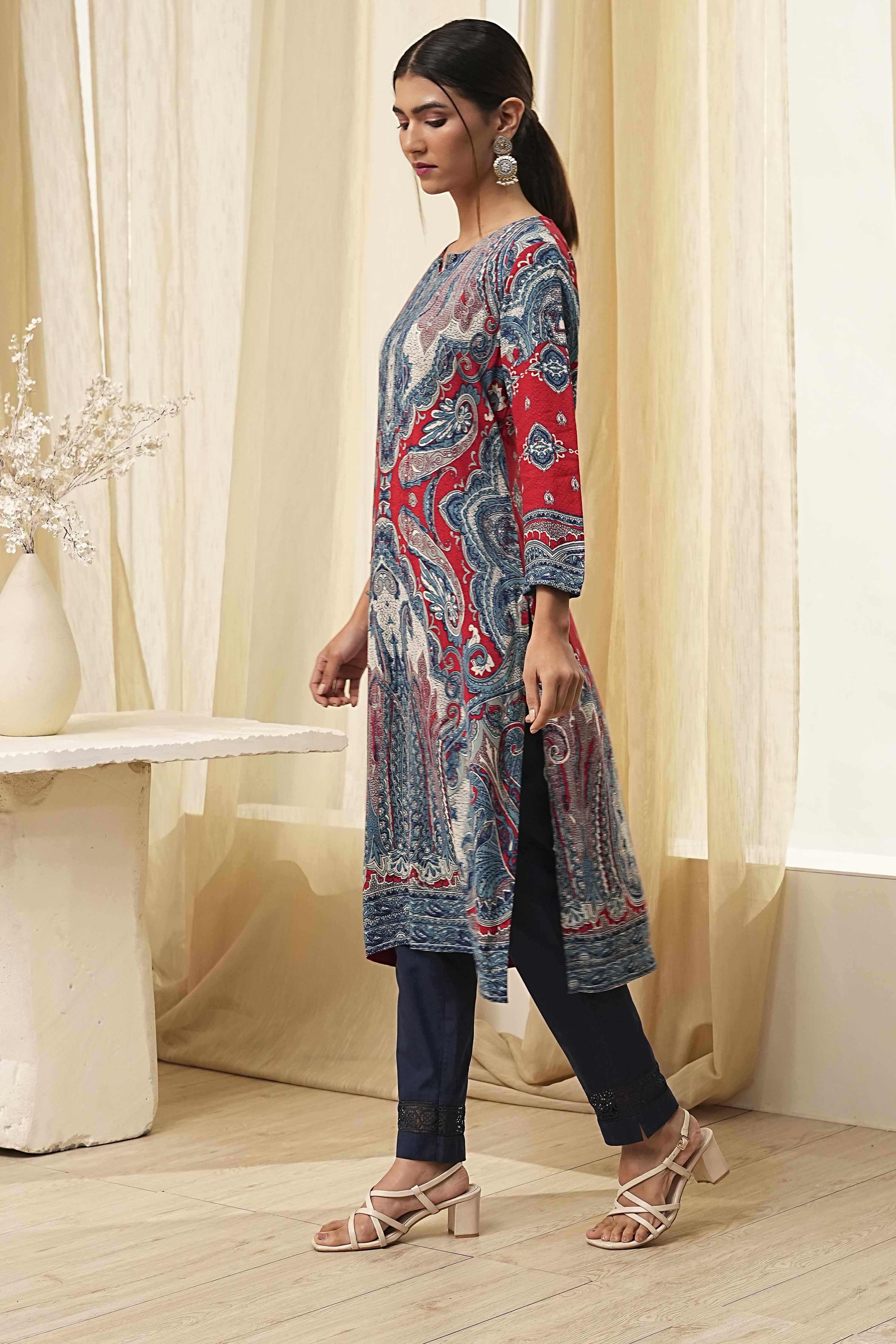 Red and Blue Printed Straight Kurta image number 2