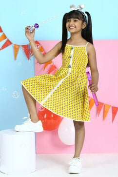 Yellow Cotton A-Line Printed Dress image number 0