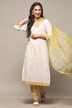 Yellow White Cotton Unstitched Suit set image number 1