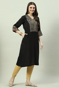 Black LIVA Straight Printed Kurta image number 3