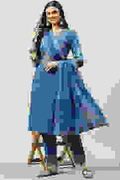 Blue Cotton Kalidar Kurta Relaxed Pants Suit Set image number 0