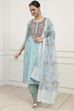 Blue Chanderi Hand Embroidered Unstitched Suit Set image number 1