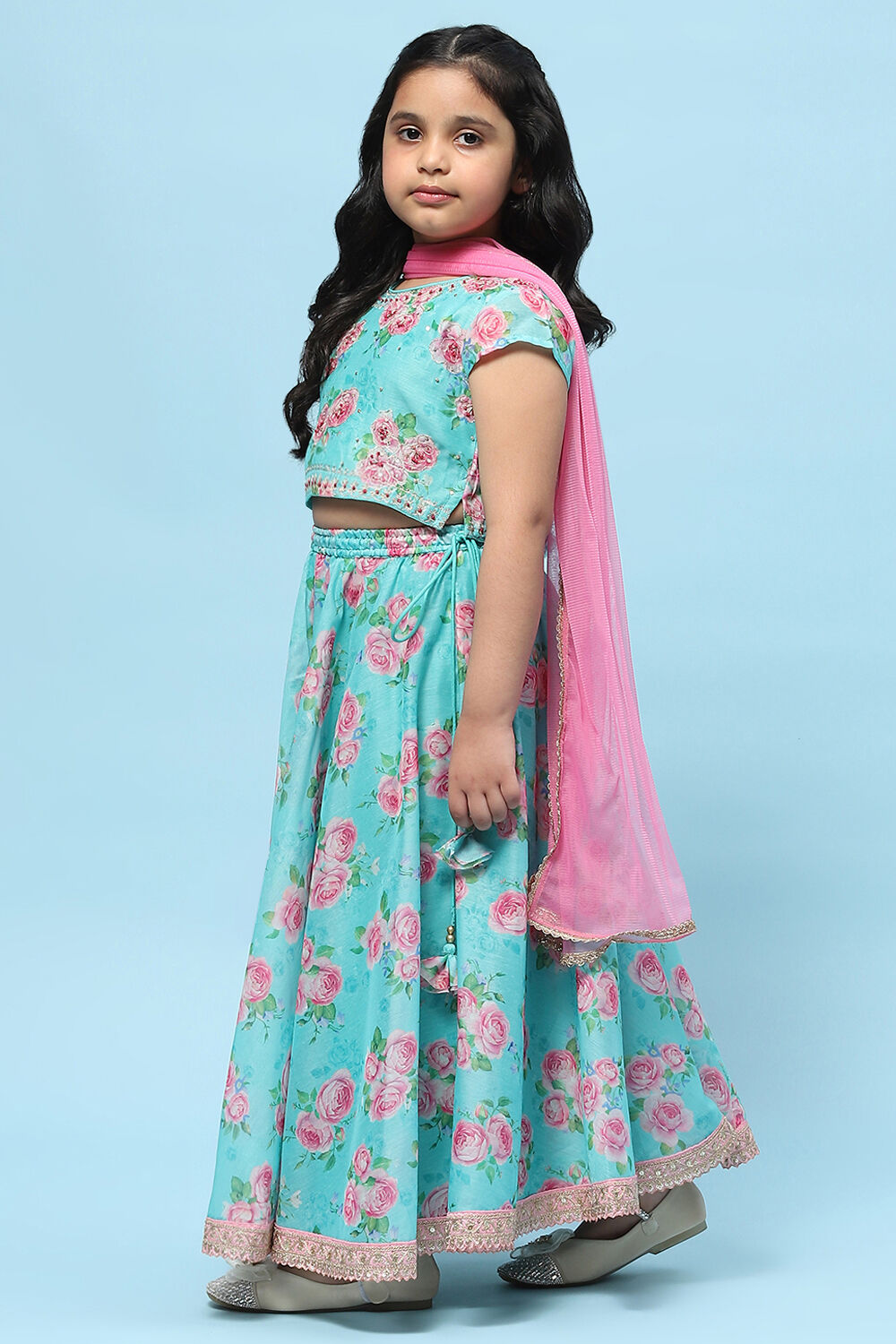 Blue Poly Chanderi Floral Printed Flared Lehenga Set image number 4