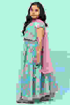 Blue Poly Chanderi Floral Printed Flared Lehenga Set image number 4