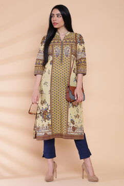 Mustard Cotton Straight Printed Kurta image number 4