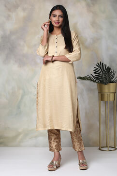 Beige Metallic Cotton Straight Kurta Pant Suit Set image number 0