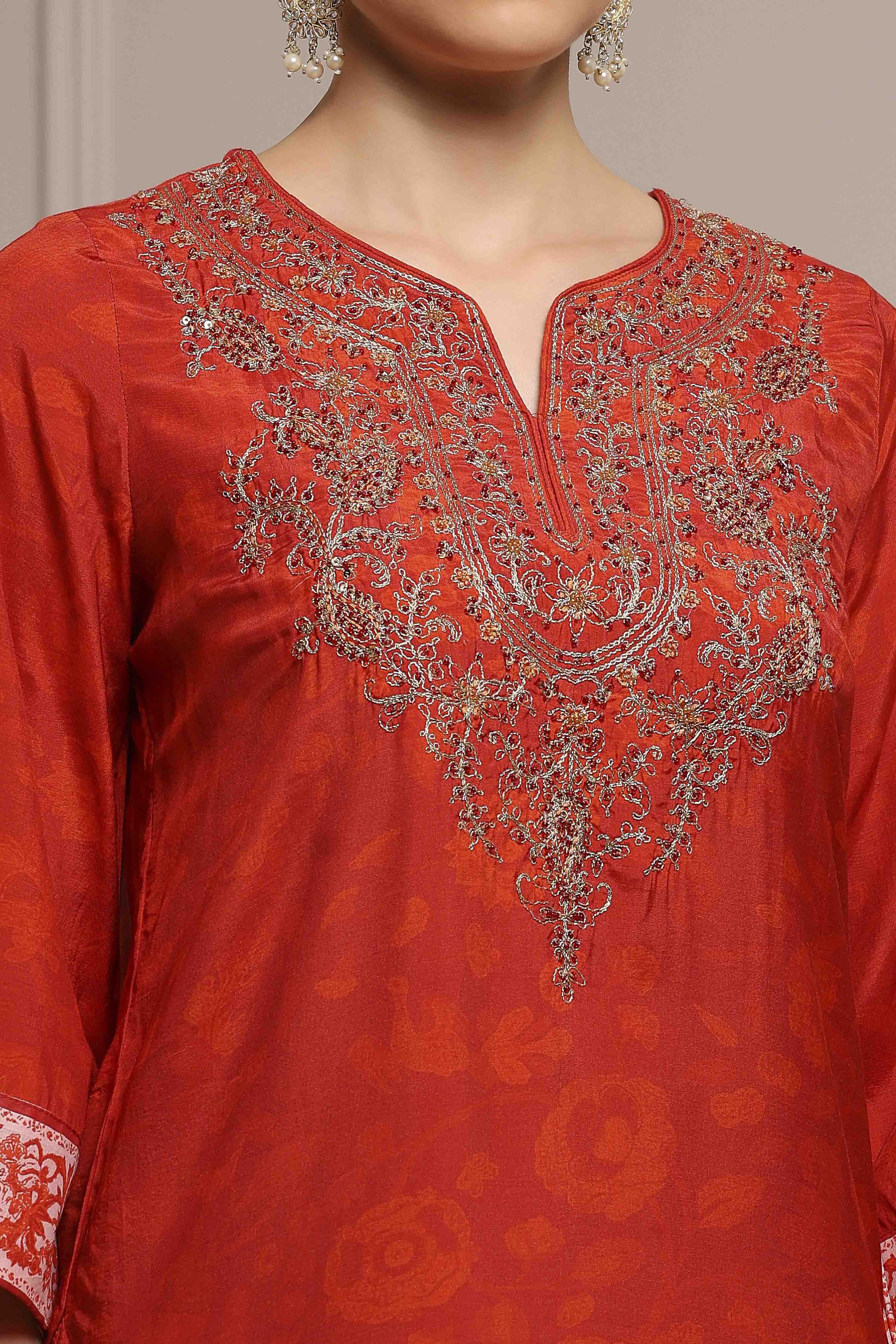 Burnt Orange Printed Straight Salwar Suit Set image number 1