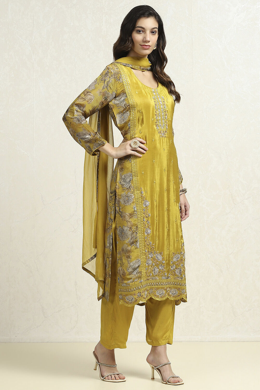 Lime Viscose Blend Embroidered Unstitched Suit Set image number 6