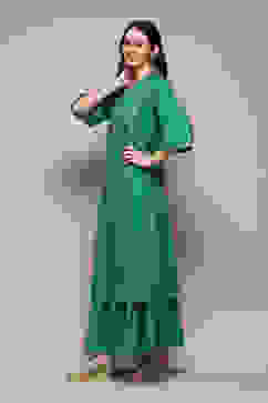 Green Cotton Flared Printed Kurta image number 3