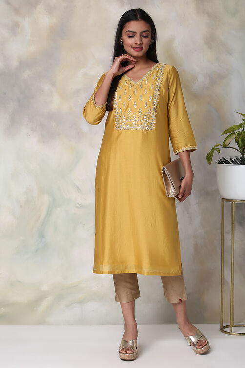 Peach Cotton Silk Straight Yarndyed Kurta image number 4