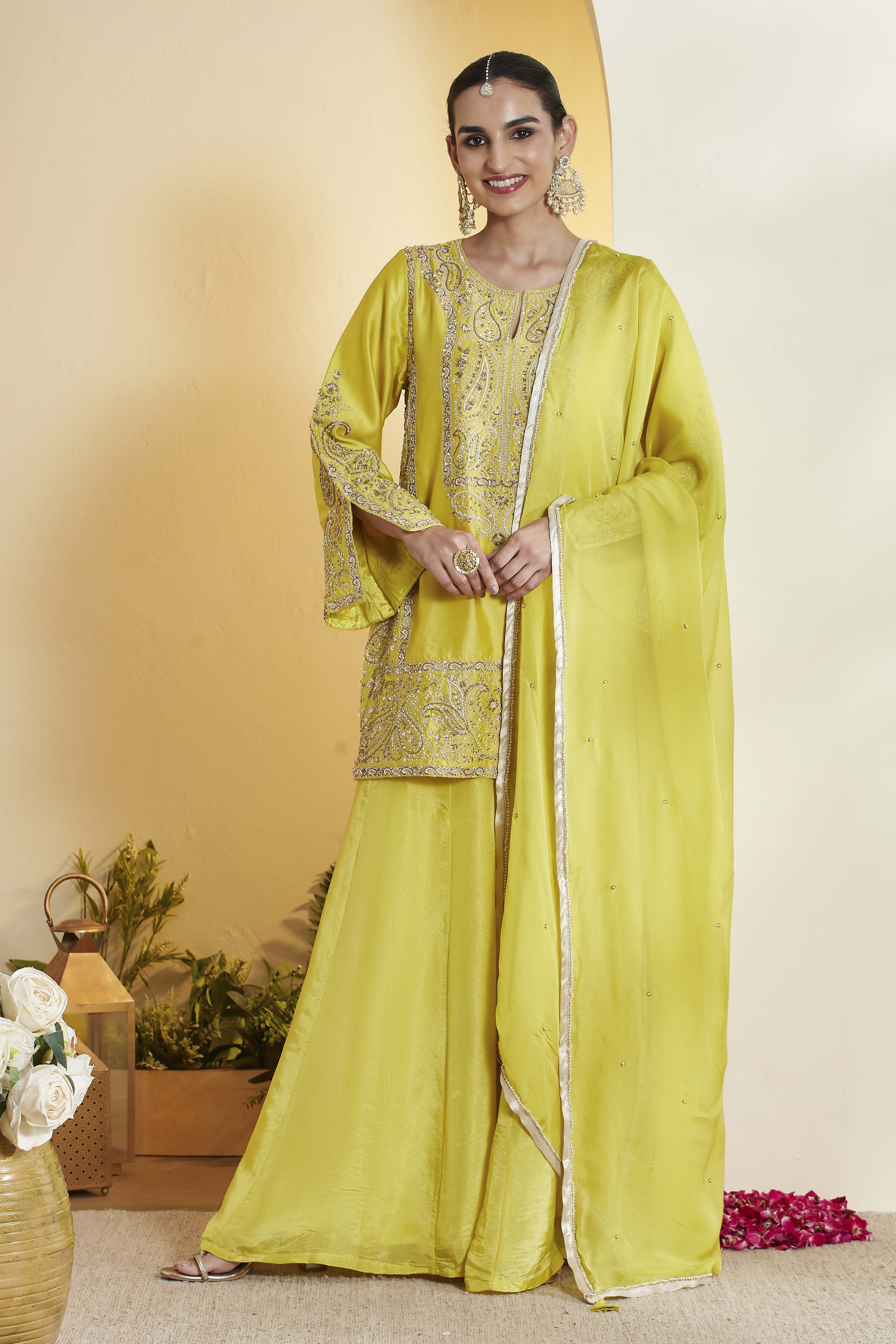 Lime Green Cotton Silk Embroidery Suit Set image number 7
