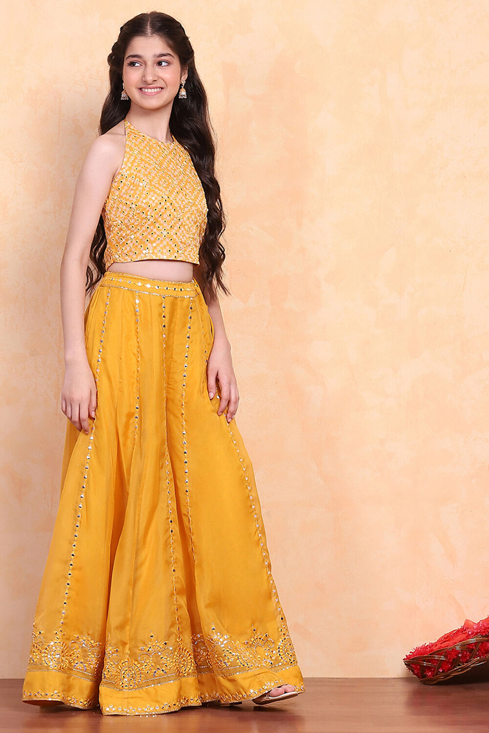 Yellow Printed Festive Fusion Set image number 6