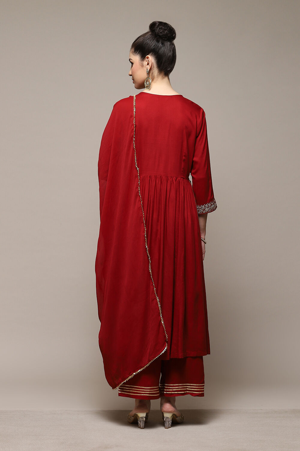 Teal LIVA Gathered Kurta Palazzo Suit Set image number 4