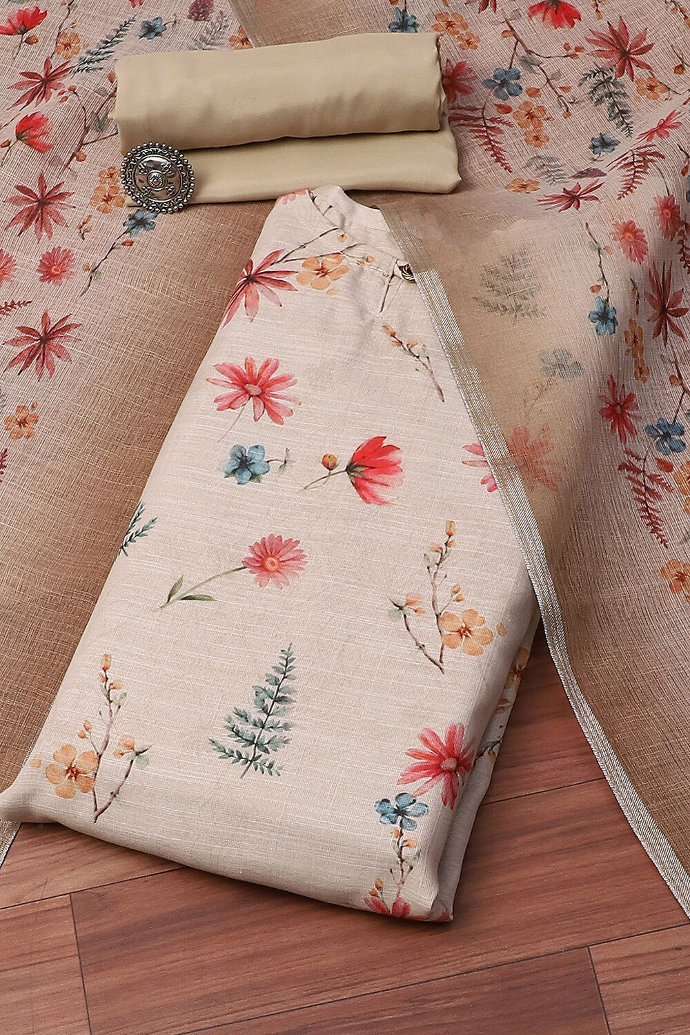 Cream Linen Digital Print Unstitched Suit Set image number 9