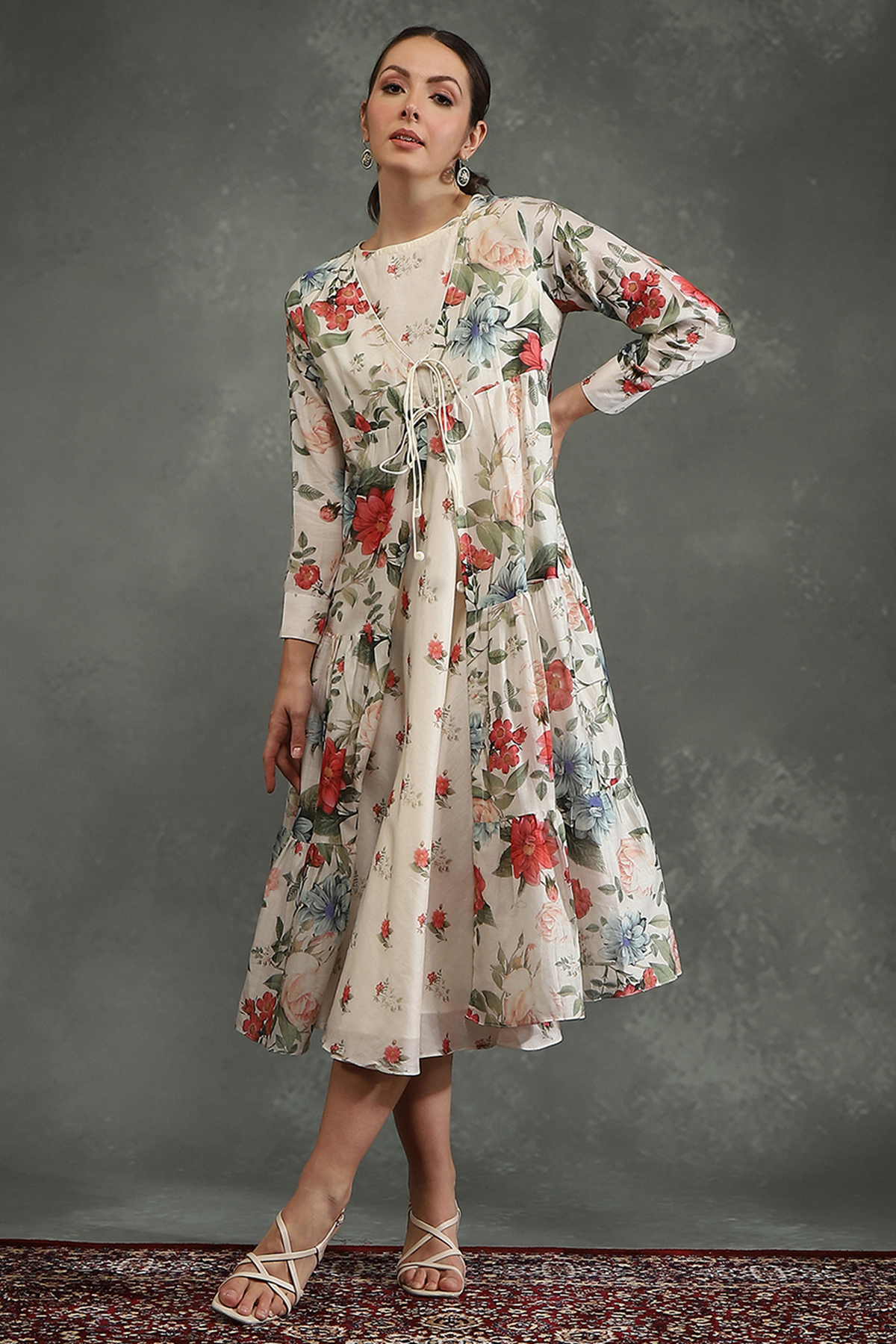 Ivory Silk Chanderi Floral Front-Open Dress