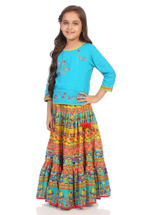 Turquoise Cotton Straight Printed Skirts and Tops image number 2
