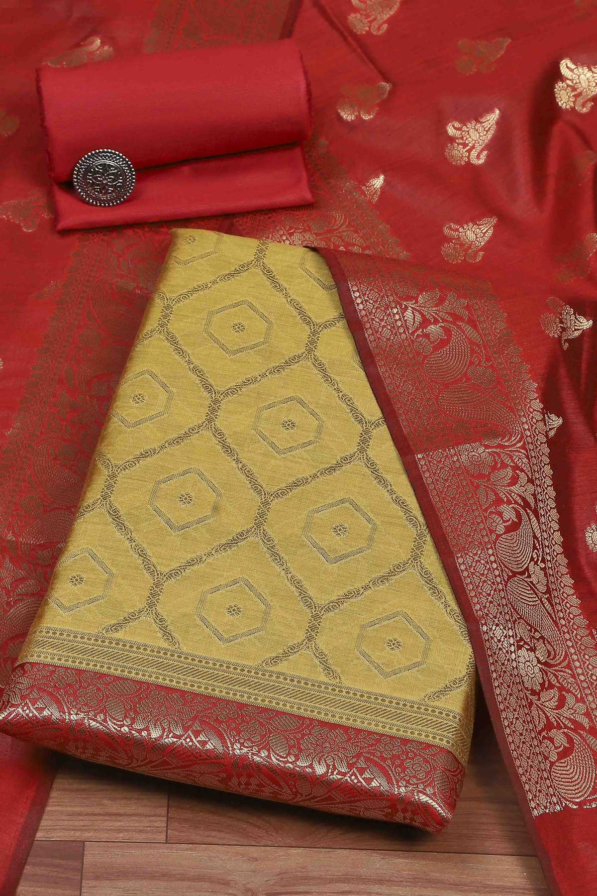 Mustard Cotton Printed Embroidered Unstitched Suit Set