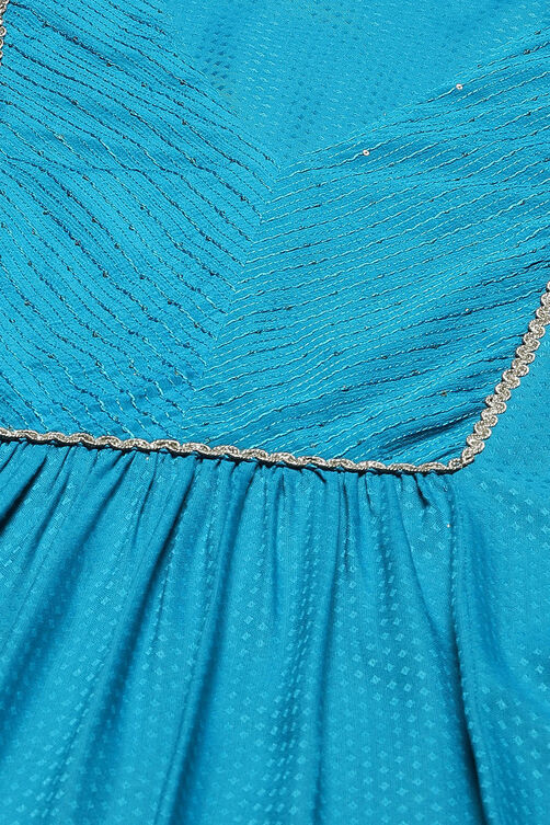Turquoise Rayon Gathered Yarndyed Kurta Afgan Pant Suit Set image number 1