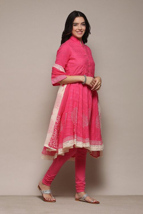 Turquoise Cotton Anarkali Solid Kurta Churidar Suit Set image number 6