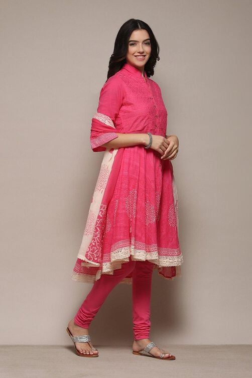 Pink Cotton Anarkali Solid Kurta Churidar Suit Set image number 6
