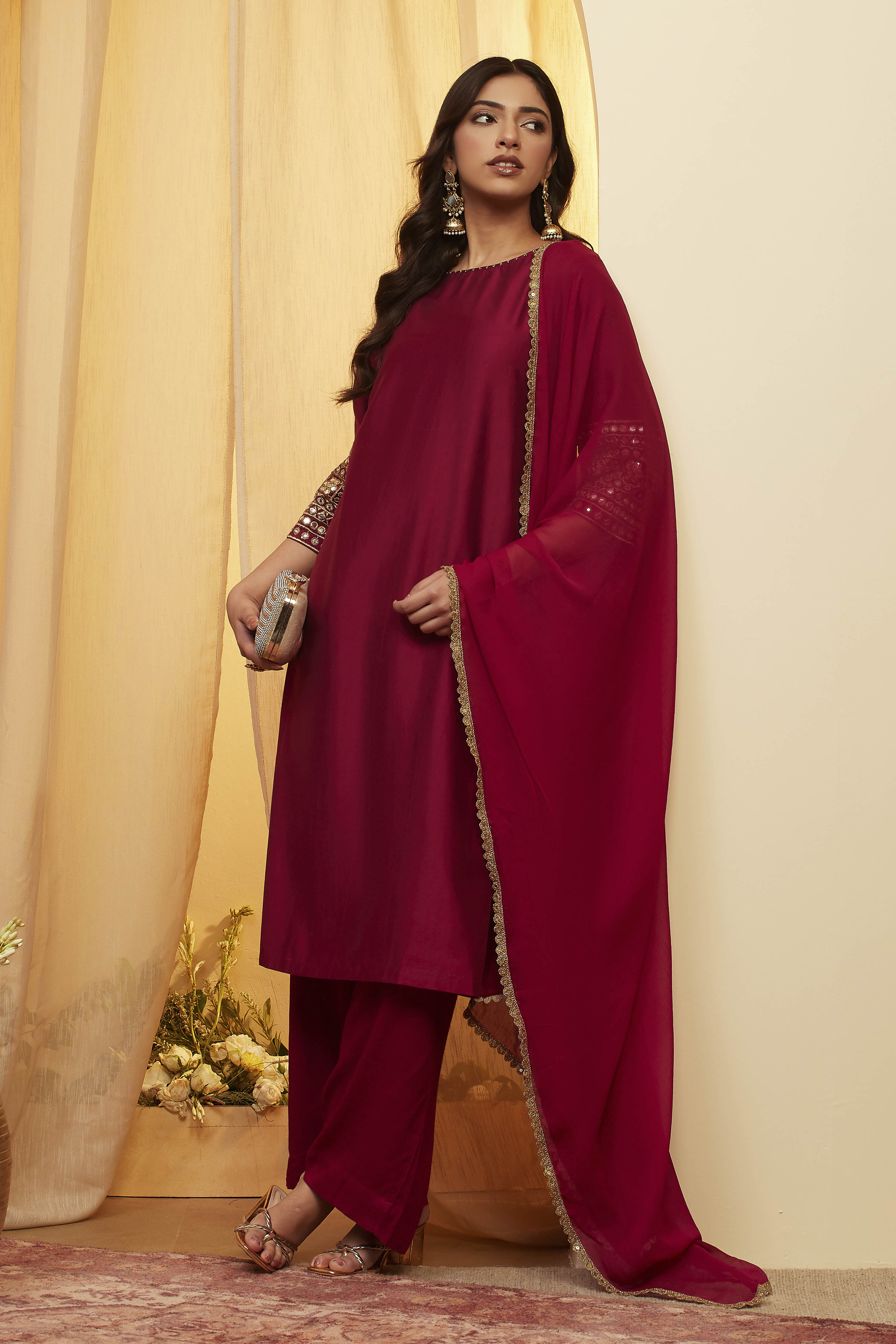 Wine Viscose Blend Straight Suit Set image number 0