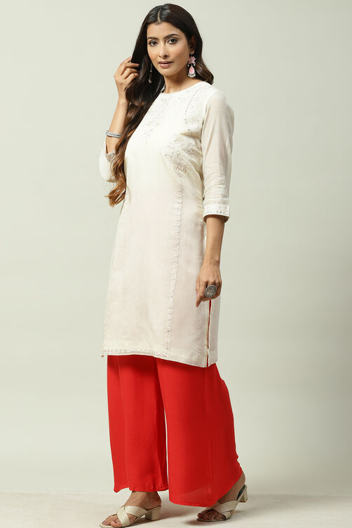 Beige Art Silk Straight Embroidered Kurta image number 2