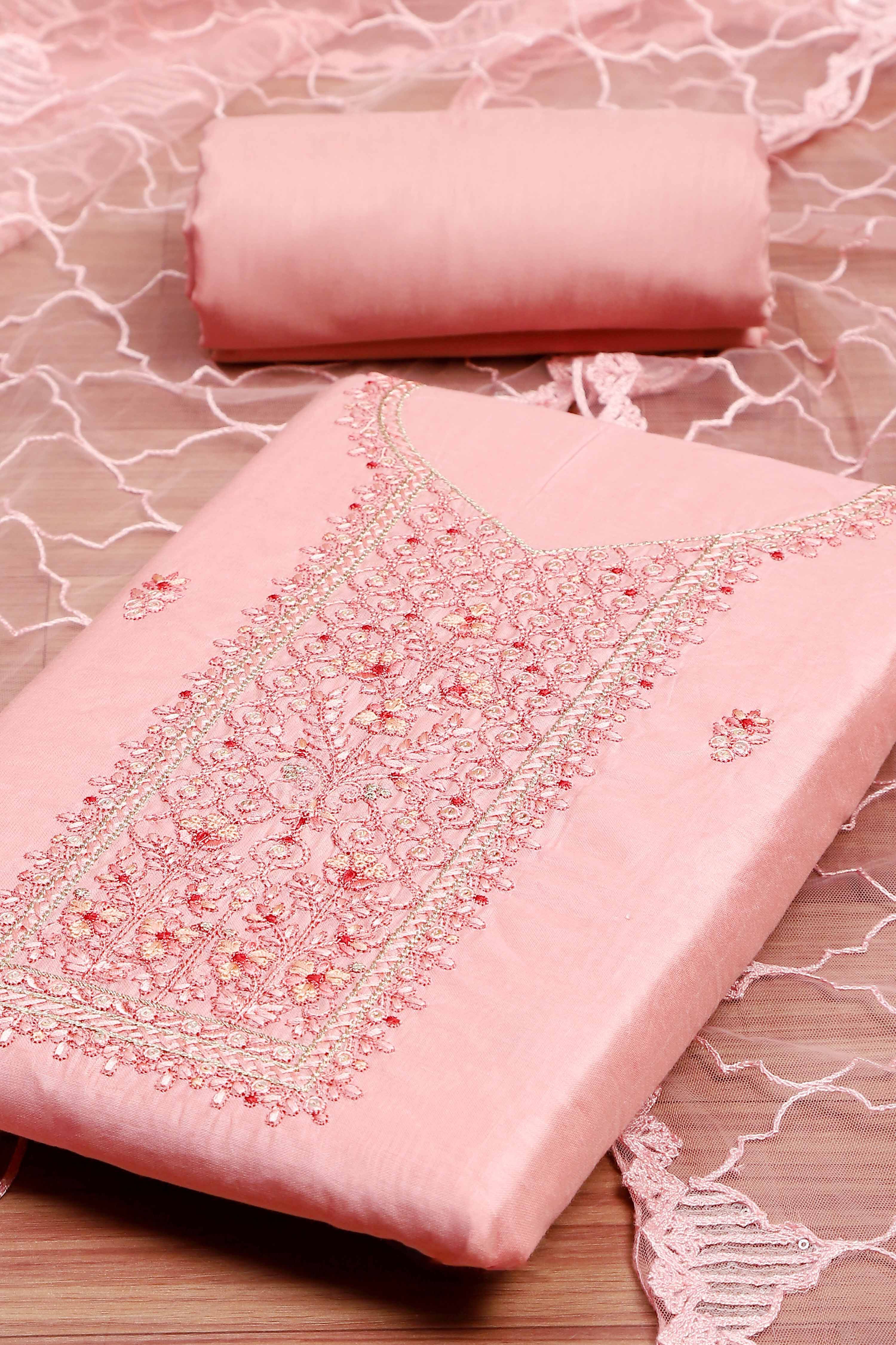 Beige Chanderi  Embroidered Unstitched Suit Set image number 1