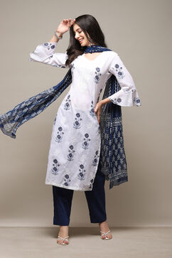 White Cotton Printed Unstitched Suit Set image number 1