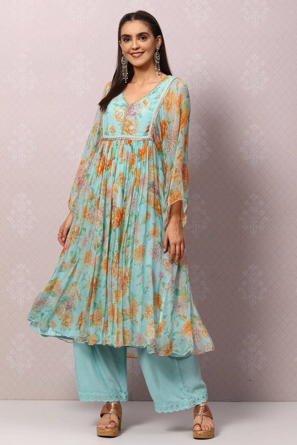 Sea Green Viscose Flared Kurta Palazzo Suit Set